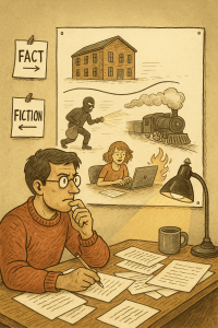 Hand-drawn, digitally colored illustration of a writer’s workspace split between “Fact” and “Fiction,” showing a thoughtful author at a desk drafting notes while behind him a storyboard contrasts a real building and an action-packed scene