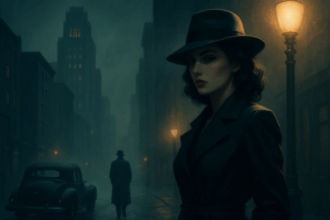 A shadowy urban alley at night, illuminated by scattered streetlights, evoking a classic noir atmosphere