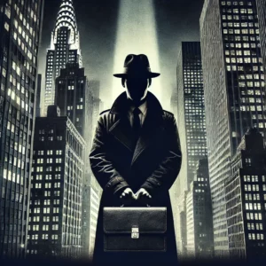 A noir-style illustration representing financial crime in fiction