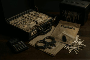 Cinematic still life of white-collar crime - open briefcase stuffed with cash, handcuffs on a ledger, calculator, evidence bag with a USB drive, paper shredder on a wooden desk