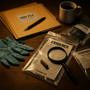 Cinematic forensic desk - manila case folders, clear evidence bags, latex gloves, magnifying glass, chain-of-custody forms, warm desk lamp light