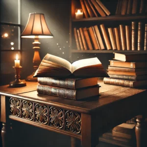 a-cozy-yet-mysterious-image-of-a-vintage-wooden-desk-surrounded-by-books-and-dim-lighting-the-desk-features-three-open-books-each-with-their-pages-f