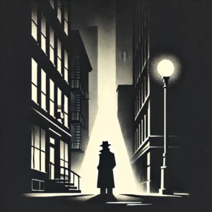 Minimalist noir-themed illustration featuring a shadowy figure in a trench coat under a dim streetlight in an urban alleyway. The scene captures a moody and mysterious atmosphere, reflecting the essence of noir fiction