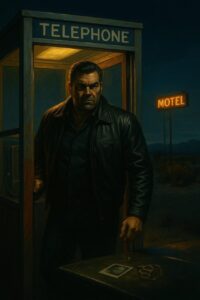 Cinematic night scene - tough man in a black leather jacket steps out of a phone booth by a neon MOTEL sign; brass knuckles and a Polaroid on a car hood