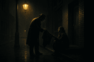 Cinematic noir alley at night - a trench-coat figure offers his coat to a woman sitting on rain-soaked steps under a streetlamp; compassion in the shadows