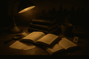 Cinematic reading desk with open crime novels under a brass lamp, stacked black hardcovers, steaming coffee, magnifying glass - moody noir vibe