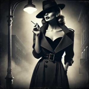 a-noir-style-image-featuring-a-glamorous-and-mysterious-woman-she-is-dressed-in-a-sleek-black-dress-with-a-classic-1940s-trench-coat-standing-under