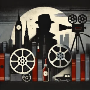 Noir-themed illustration of shadowy figures and a tense scene, representing the mood of crime cinema