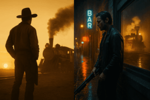 Split cinematic image for Andrew Dominik - sepia cowboy and steam train on the left, rain-soaked hitman in neon alley on the right, reflection of the train in a window