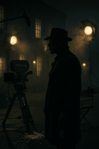 Cinematic behind-the-scenes shot on a classic Hollywood backlot — tough silhouette in fedora, vintage film camera, bright set lights, dog tags in hand (Lee Marvin vibe)
