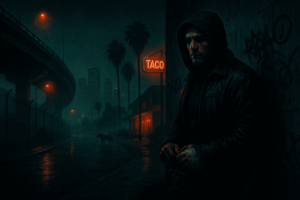 Cinematic San Diego night scene for Lupo Danish Never Has Nightmares — a shadowy enforcer beneath a freeway, neon taco sign, rainy street
