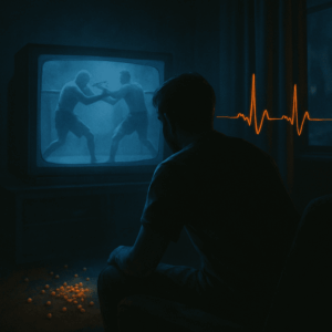 Semi-realistic scene of a man watching a violent fight on an old CRT TV in a dark room, orange heart-rate waveform and spilled popcorn on the floor