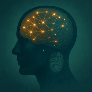 Concept image of criminal psychology — translucent human head in profile with glowing neural network and a fingerprint
