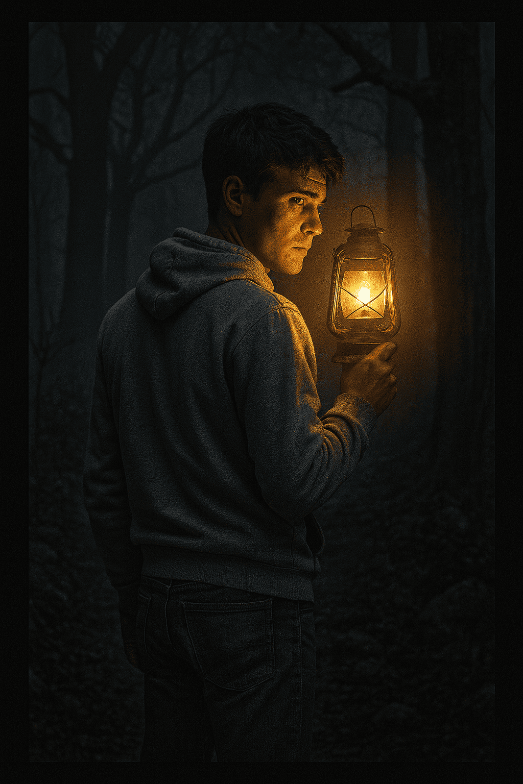 A teenager stands with his back to the camera in a foggy, moonlit forest, wearing a light gray hoodie and jeans, holding a flashlight that casts a narrow beam into the surrounding darkness