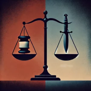 Minimalist illustration depicting the psychological balance between justice and revenge, symbolizing human emotions and moral dilemmas