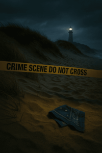 Cinematic night photo of windswept Provincetown dunes with half-buried crime-scene tape, a blue bandana in the sand, and a distant lighthouse