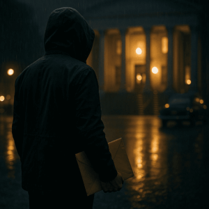 Cinematic photo of a hooded figure holding a manila envelope outside a courthouse on a rainy night, symbolizing revenge vs. justice