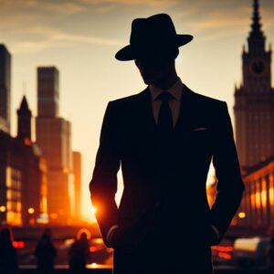 A shadowy figure in a classic suit and fedora stands against a glowing city skyline at sunset, embodying the mystique of organized crime