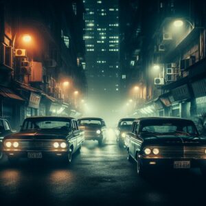 A fleet of vintage mafia-style cars parked in a dimly lit alley, illuminated by eerie streetlights in a bustling city