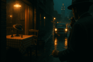 Cinematic rainy New York street at night - man in a fedora smoking, vintage car headlights, Italian restaurant table, Empire State Building in the distance