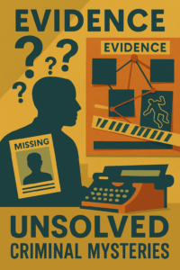 Vintage flat illustration of an evidence board with red string, a silhouette with question marks, a missing-person poster, and a typewriter - symbolizing unsolved criminal mysteries