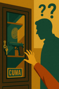 Flat vintage illustration of a child’s hand reaching for a handgun in a locked cabinet while an adult silhouette watches, symbolizing personal gun dilemma