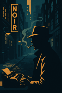 Noir-style illustration of a fedora-clad detective smoking in a shadowy alley, neon “NOIR” sign glowing in the background
