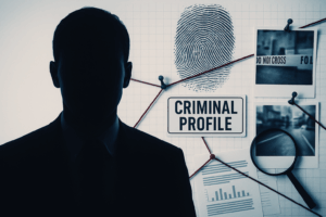 A silhouette of a man analyzing digital data against a backdrop of law enforcement graphics and crime scene visuals