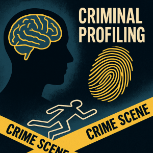 Composite of a head silhouette, fingerprint, and crime-scene iconography in a dark, moody style 