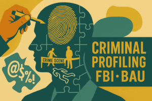 Flat vintage illustration of a head silhouette built from puzzle pieces with a fingerprint and crime-scene icons, symbolizing how criminal profiling cracks killers