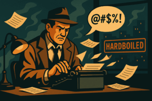 Noir-style illustration of a hardboiled detective cursing “@#$%!” while hammering a typewriter, symbolizing profanity in hardboiled fiction