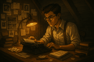 Young crime-fiction writer typing a first draft on a vintage typewriter in a dim attic study