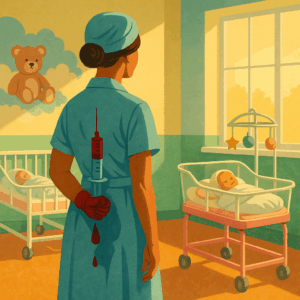 Illustration of a nurse hiding a bloody syringe behind her back in a sunny neonatal ward, symbolizing Lucy Letby’s baby murders