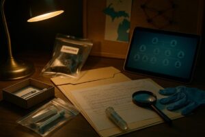 Michigan cold case cracked by DNA - evidence kit swabs, sealed tubes, chain-of-custody form, tablet with a blurred family tree, and a Michigan map pin under a brass lamp
