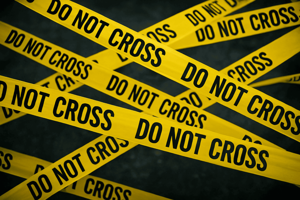 Yellow crime-scene tape reading “Do Not Cross” stretched diagonally