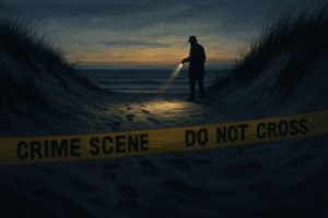 Detective at dawn on Gilgo Beach crime scene with flashlight, evidence markers, and yellow tape