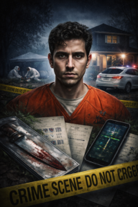 Bryan Kohberger case illustration showing Idaho college murders investigation scene with crime evidence and suspect